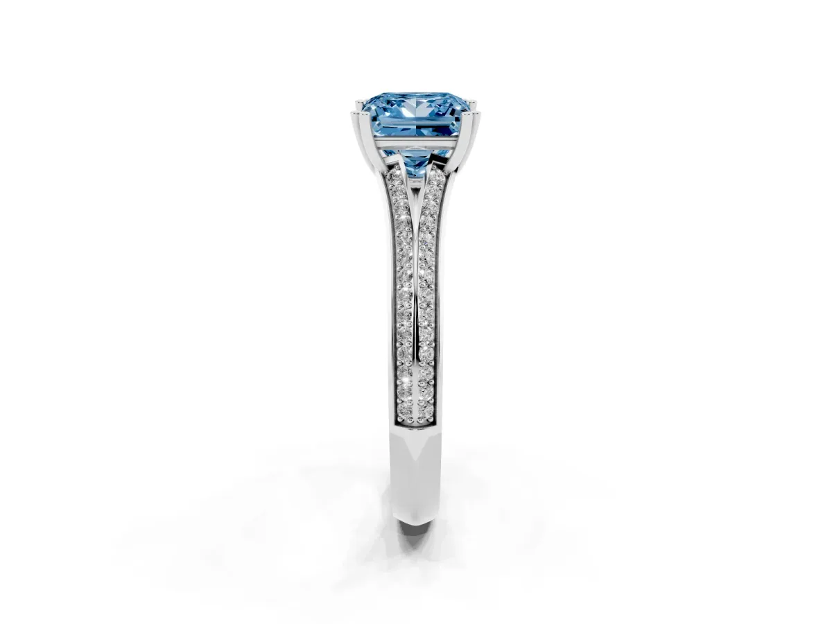Fancy Blue Princess Cut Diamond Split Shank Engagement Ring with Pavé Band Silver