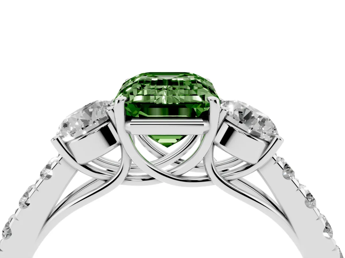 Fancy Green Emerald Cut Cut Diamond Three-Stone Ring with Round Side Stones and Pavé Band Silver