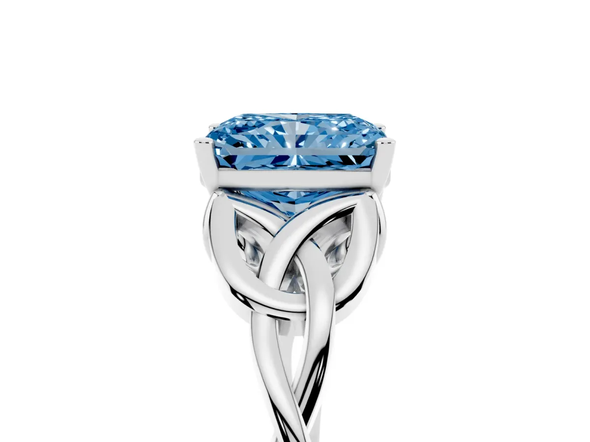 Fancy Blue Radiant Cut Diamond Solitaire Engagement Ring with Celtic Knot Band and Four-Prong Setting White gold