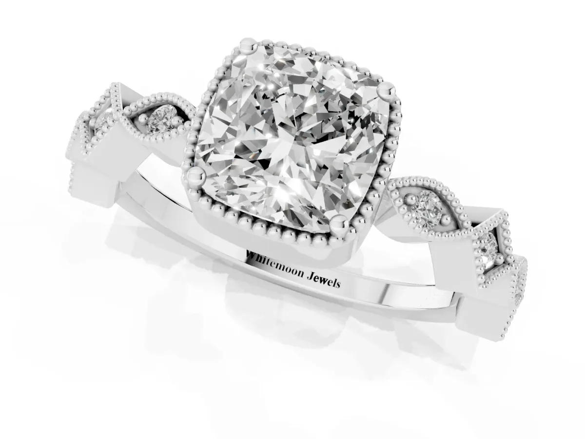 Cushion Cut Milgrain Marquise Diamond Twist Band Ring Platinum