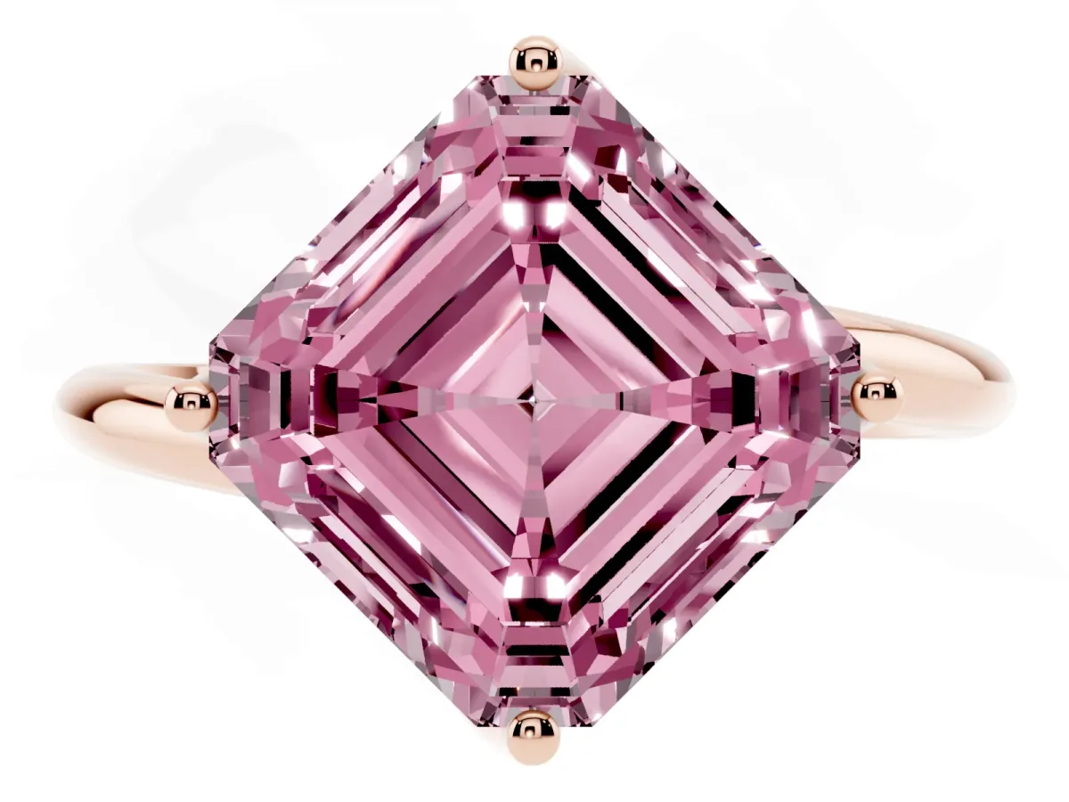 Fancy Pink Asscher Cut Diamond Solitaire Engagement Ring with Four-Prong Setting and Classic Band Rose gold