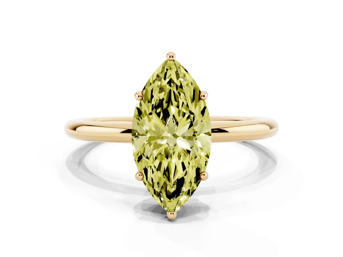 Fancy Yellow Marquise Cut Solitaire Diamond Ring with a Classic Band and Four-Prong Setting Yellow gold