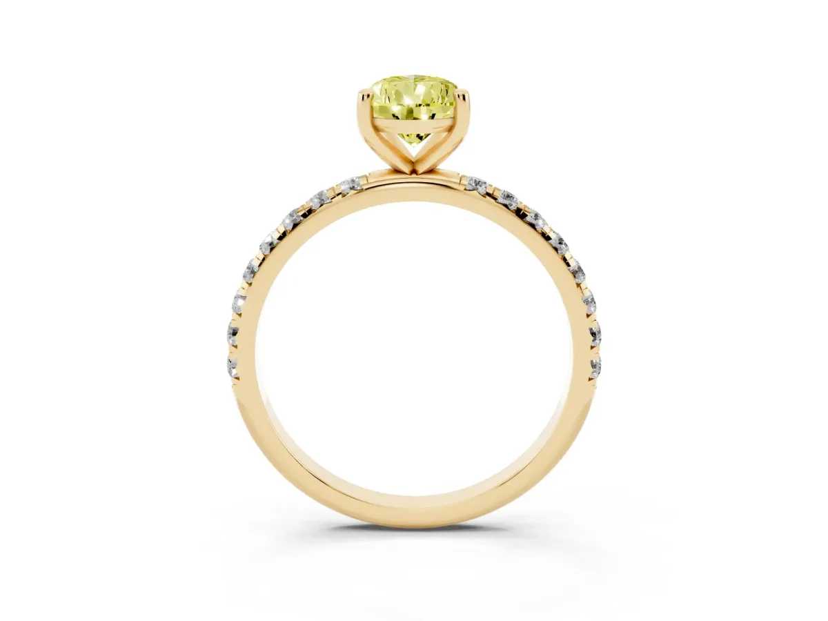 Fancy Yellow Pear Cut Cut Diamond Solitaire Ring with Micro Pave Band and Four Prong Setting Yellow gold