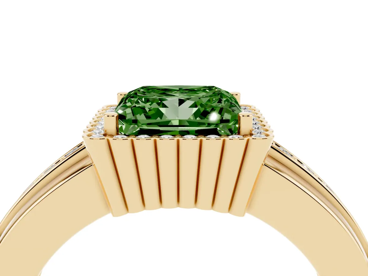 Fancy Green Princess Cut Cut Halo Pave Band Four-Prong Ring Yellow gold