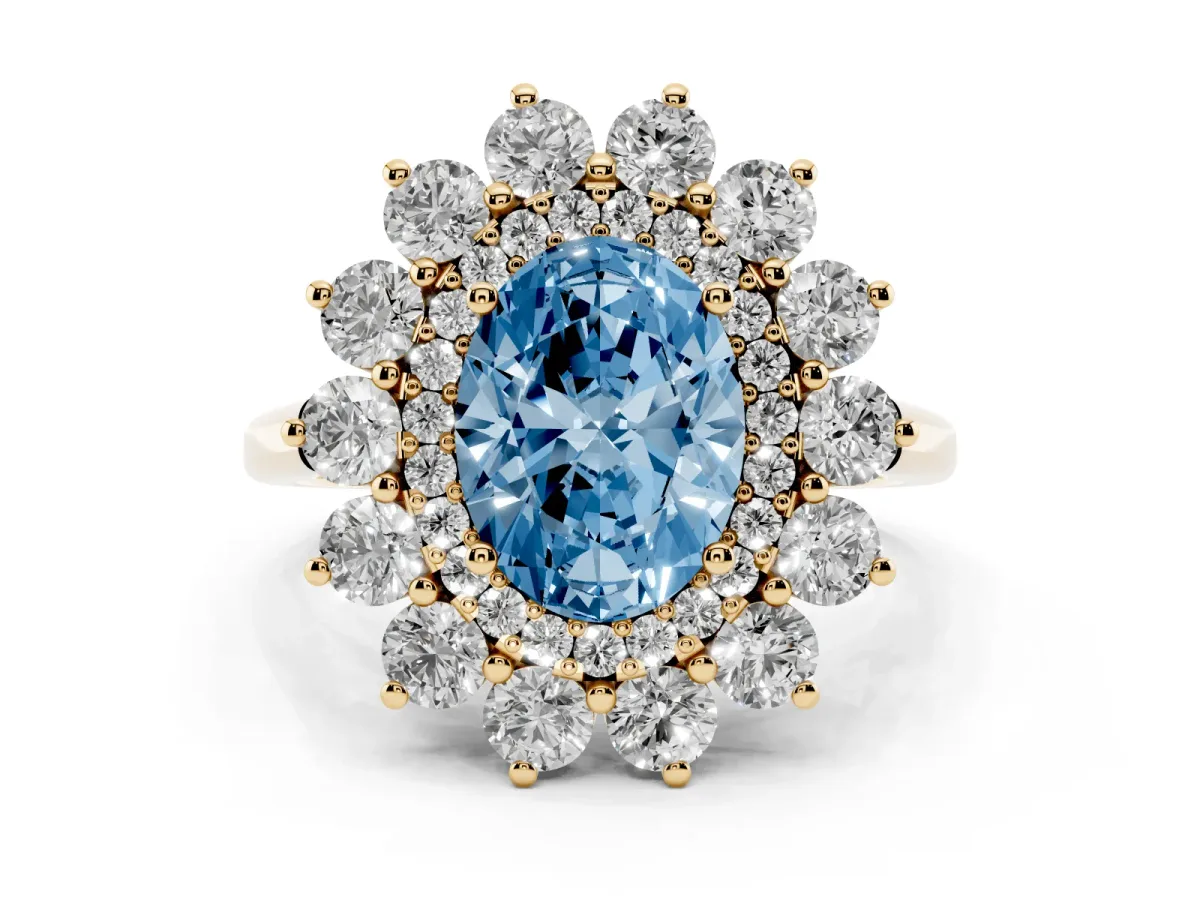 Fancy Blue Oval Cut Diamond Floral Double Halo Engagement Ring with Prong Setting Yellow gold