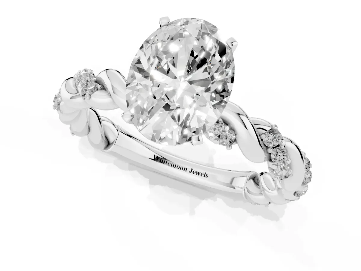 Oval Cut Diamond Solitaire Ring with Twisted Band and Pavé Accents White gold