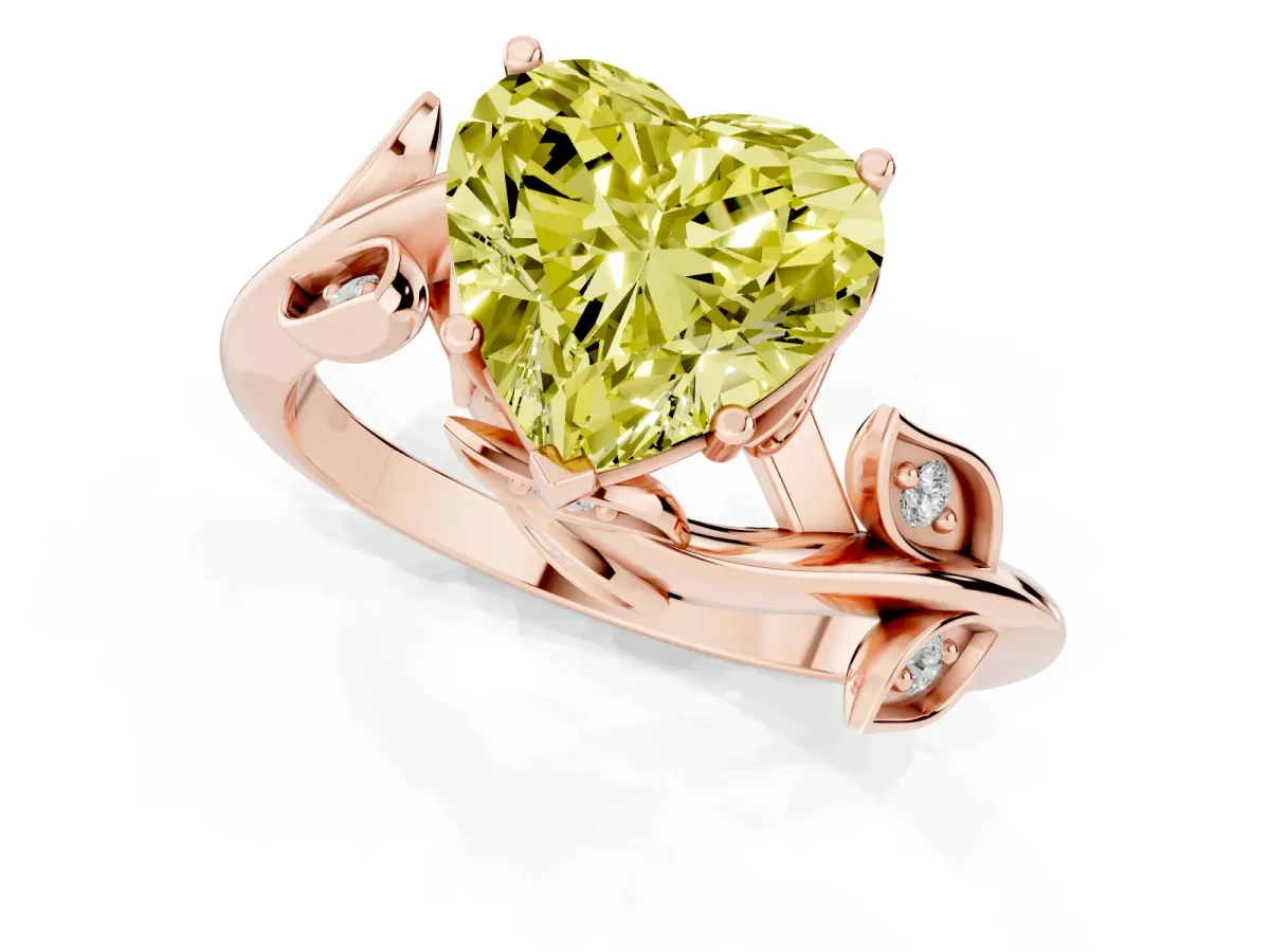 Fancy Yellow Heart Cut Solitaire Twist Engagement Ring with Leaf Accents and Prong Setting Rose gold