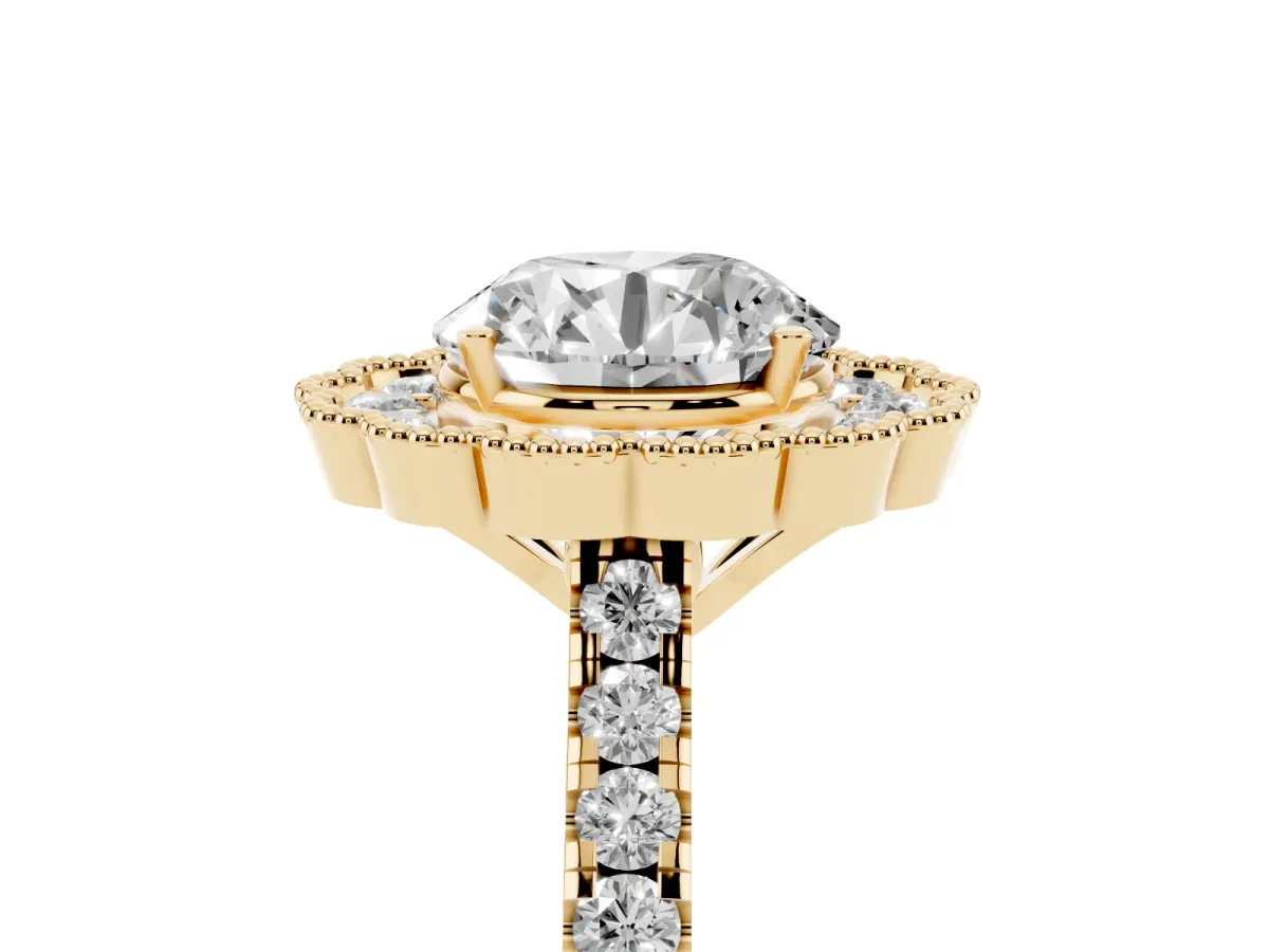 Round Cut Cut Diamond Milgrain Floral Halo Engagement Ring with Pavé Band Yellow gold