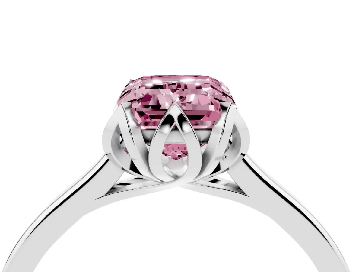 Fancy Pink Emerald Cut Diamond Solitaire Ring with Flower Prong Setting and Classic Band Silver