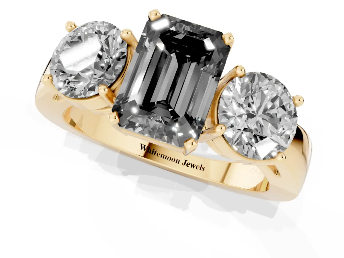 Fancy Black Three-Stone Emerald Cut Diamond Ring with Round Side Stones, Classic Band, and Four-Prong Setting Yellow gold