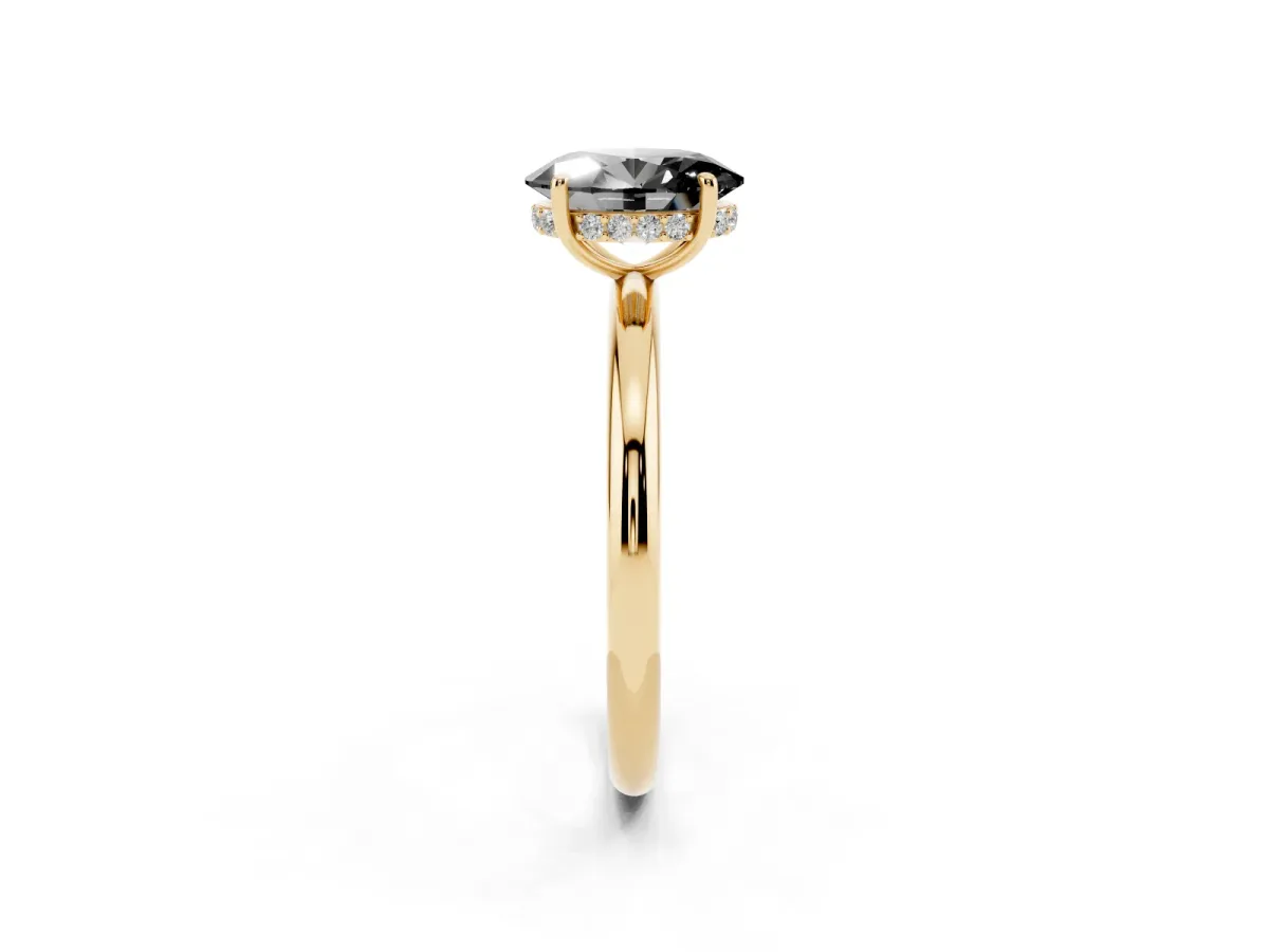 Fancy Black Oval Cut Diamond Solitaire Ring with Thin Band and Four-Prong Setting Yellow gold