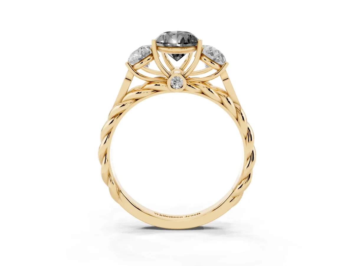 Fancy Black Three-Stone Pear Cut Diamond Braided Band Ring with Four-Prong Setting Yellow gold
