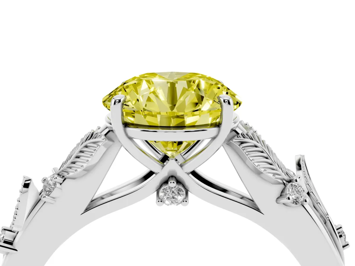 Fancy Yellow Round Cut Diamond Solitaire Ring with Leaf Motif Band and Four-Prong Setting Platinum