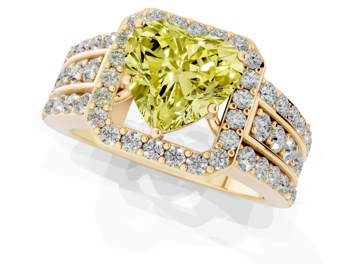 Fancy Yellow Heart Cut Halo Diamond Ring with Round Split Shank and Prong Setting Yellow gold