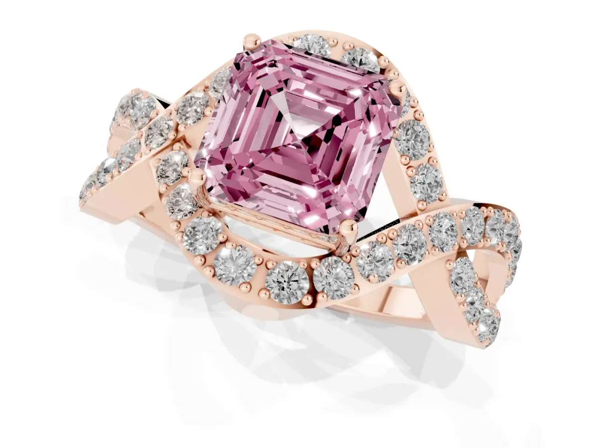 Fancy Pink Asscher Cut Solitaire Twist Band Pavé Diamond Engagement Ring Rose gold