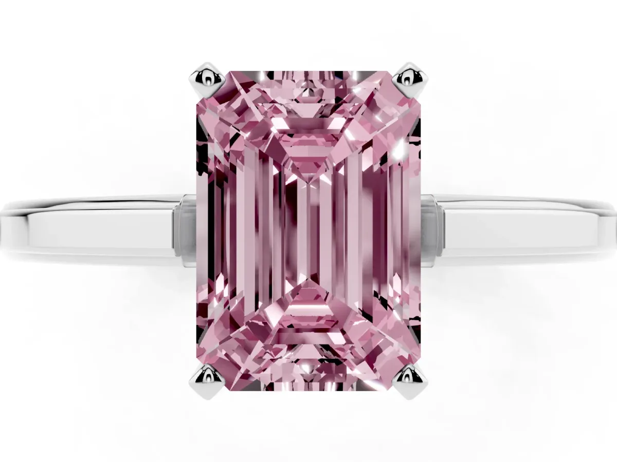 Fancy Pink Emerald Cut Solitaire Diamond Ring with Four-Prong Setting and Classic Band Silver