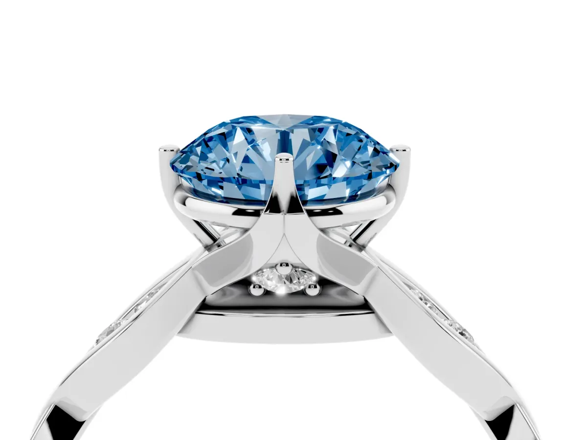 Fancy Blue Round Cut Solitaire Twist Band with Leaf Prong Setting Platinum