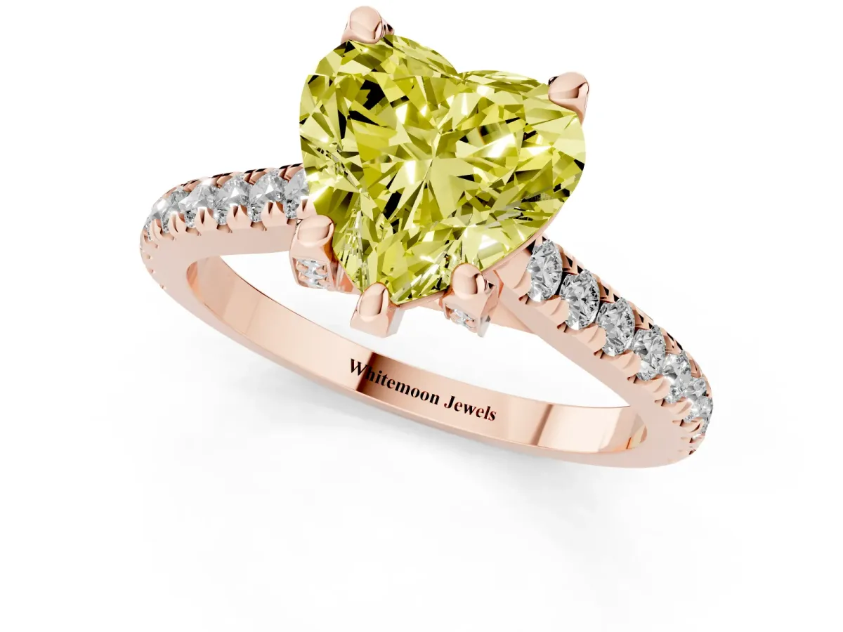 Fancy Yellow Heart Cut Brilliant Diamond Solitaire with Pavé Band and Four-Prong Setting Rose gold