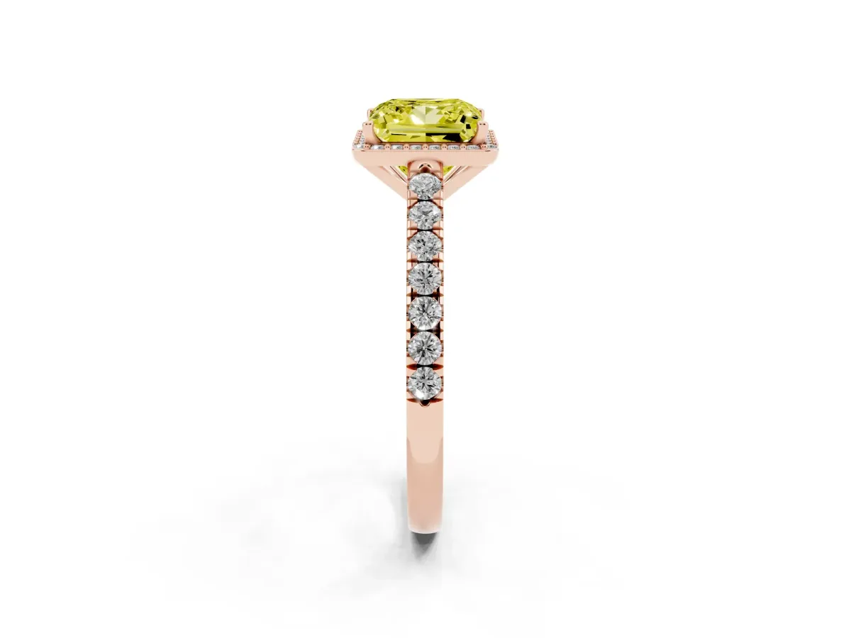 Fancy Yellow Princess Cut Cut Halo Diamond Engagement Ring with Pave Band and Four-Prong Setting Rose gold