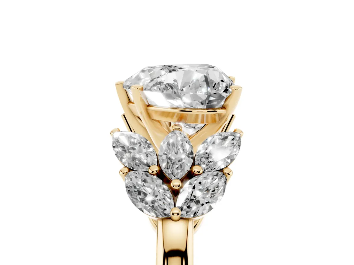 Heart Cut Diamond Cluster Leaf Design Ring with Prong Setting Yellow gold