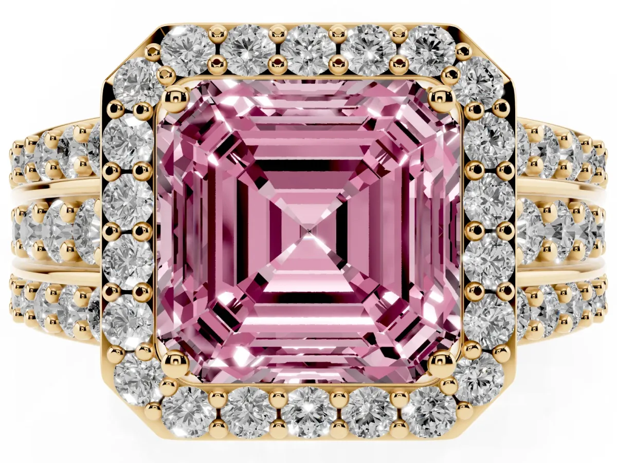 Fancy Pink Asscher Cut Halo Diamond Ring with Round Split Shank and Prong Setting Yellow gold