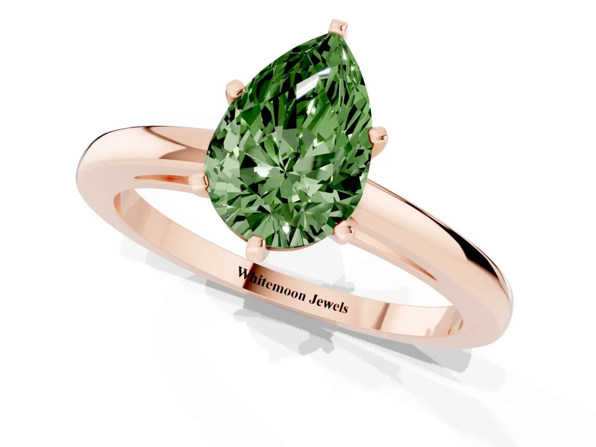Fancy Green Pear Cut Solitaire Diamond Engagement Ring with Four-Prong Setting on a Classic Band Rose gold