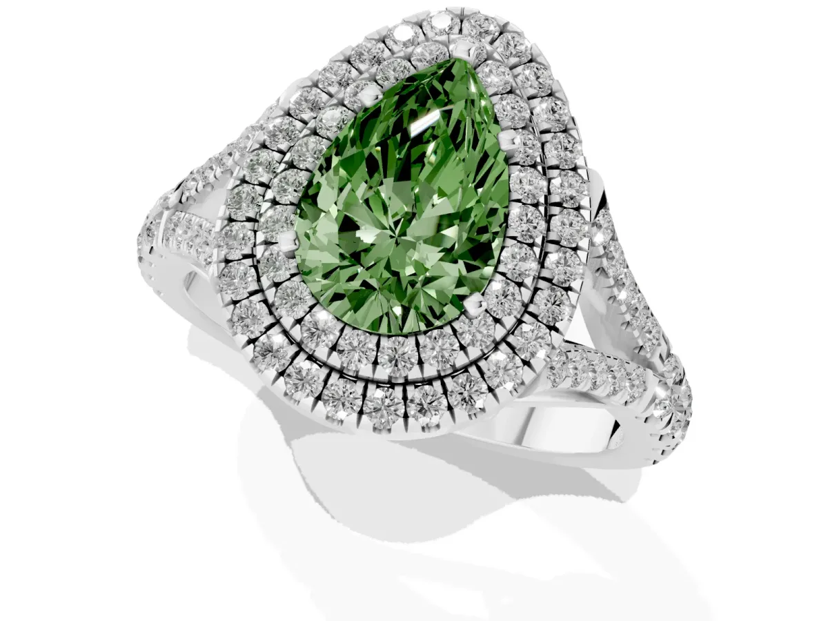 Fancy Green Pear Cut Diamond Pavé Split Shank Double Halo Engagement Ring Silver