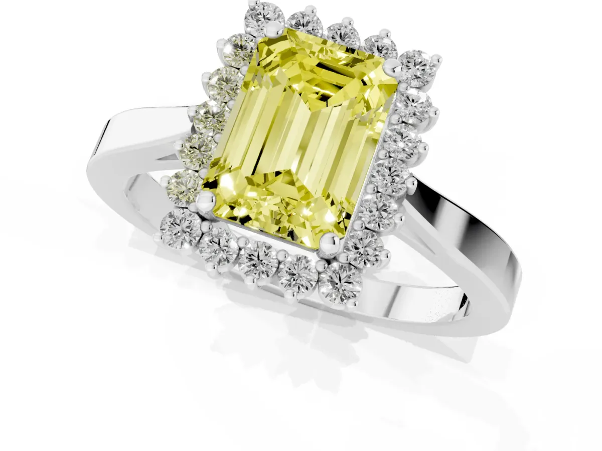 Fancy Yellow Emerald Cut Cut Diamond Halo Ring with Round Brilliant Halo and Solitaire Band Silver
