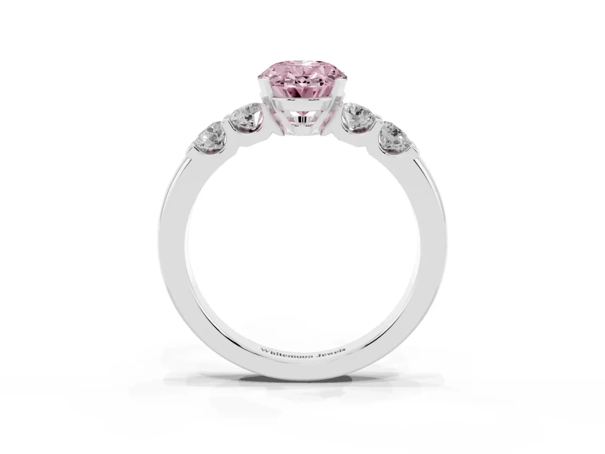 Fancy Pink Oval Cut Brilliant Cut Diamond Five-Stone Prong Set Engagement Ring with Channel Band Silver