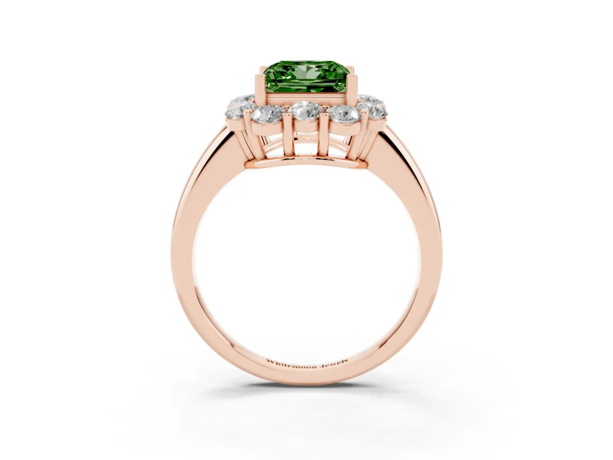 Fancy Green Princess Cut Halo Milgrain Solitaire with Bezel Set Side Stones and Pave Band Rose gold