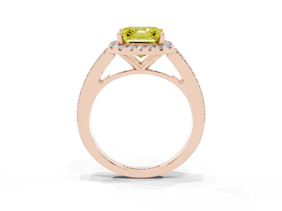 Fancy Yellow Asscher Cut Halo Split Shank Diamond Ring with Prong Setting Rose gold