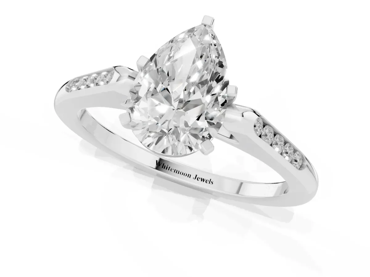 Pear Cut Diamond Solitaire Ring with Channel Set Round Band and Prong Setting Silver
