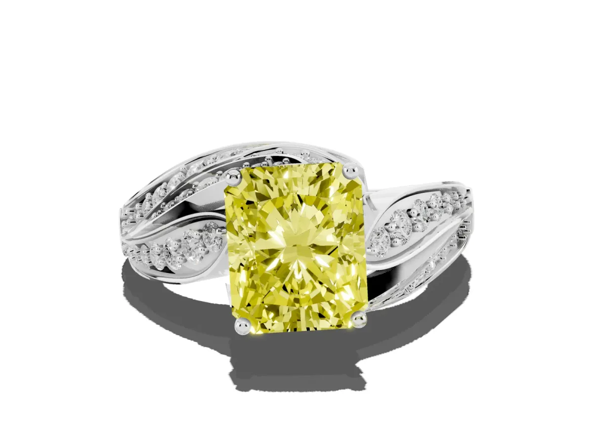 Fancy Yellow Radiant Cut Diamond Solitaire Ring with Prong Setting and Twisted Pavé Band White gold