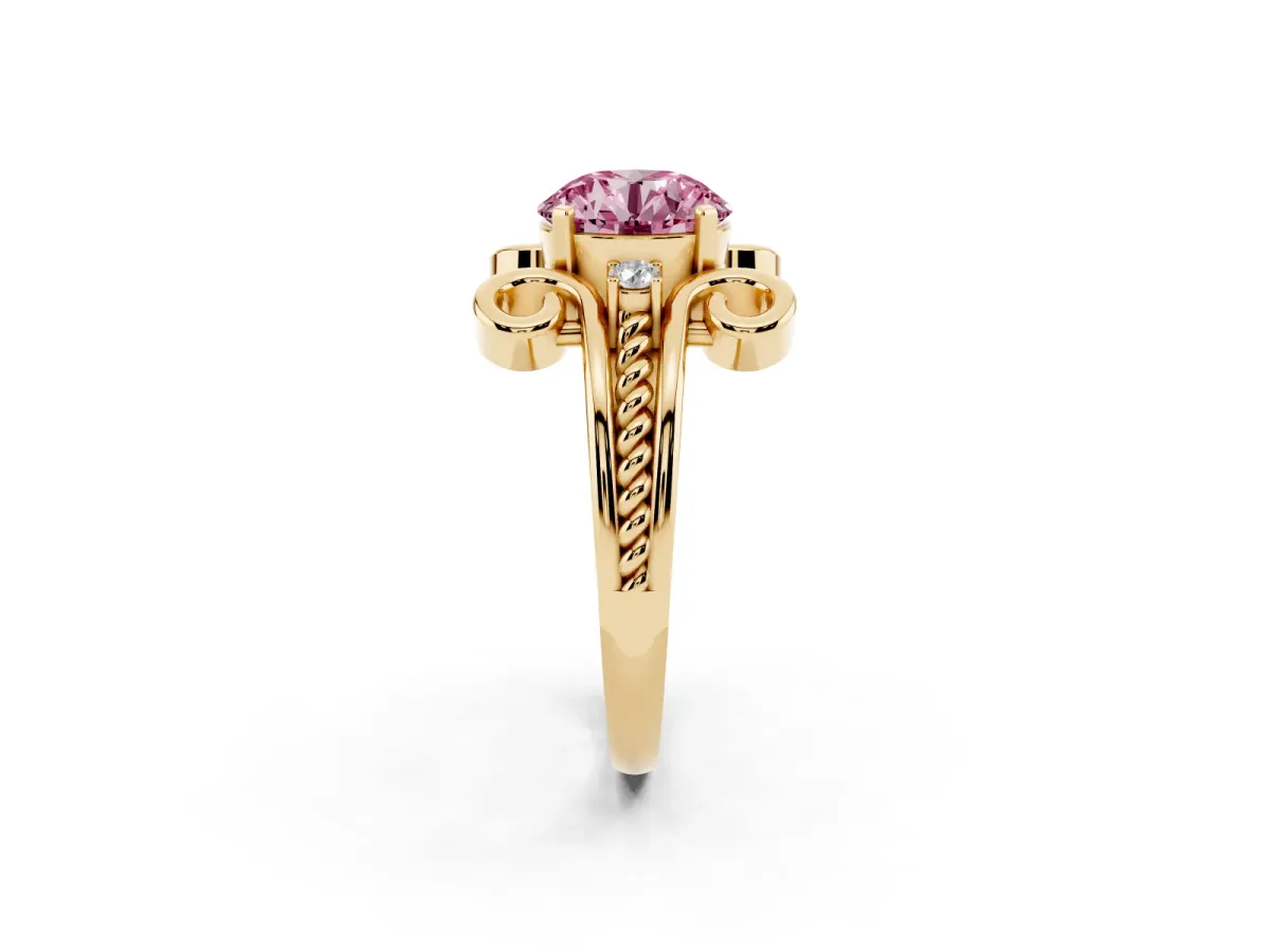 Fancy Pink Round Cut Solitaire Twisted Band Scroll Prong Ring Yellow gold