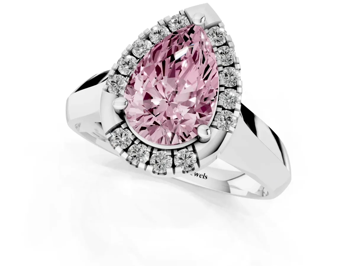 Fancy Pink Pear Cut Cut Halo Solitaire Engagement Ring with Square Band and Four-Prong Setting Silver