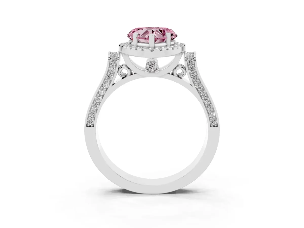 Fancy Pink Heart Cut Halo Round Diamond Twist Band with Four-Prong Setting Platinum