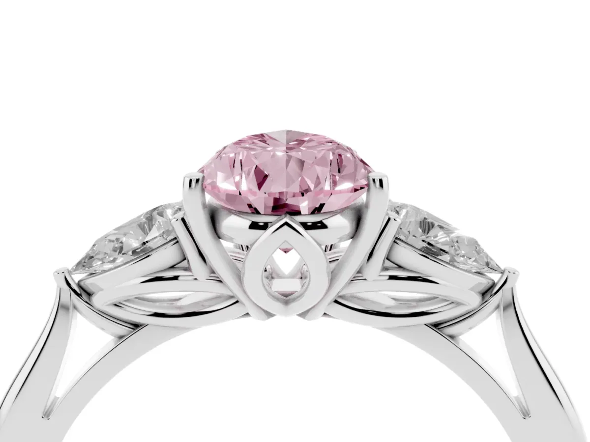 Fancy Pink Three-Stone Pear Cut Brilliant Diamond Solitaire Ring with Tapered Band and Four-Prong Setting White gold