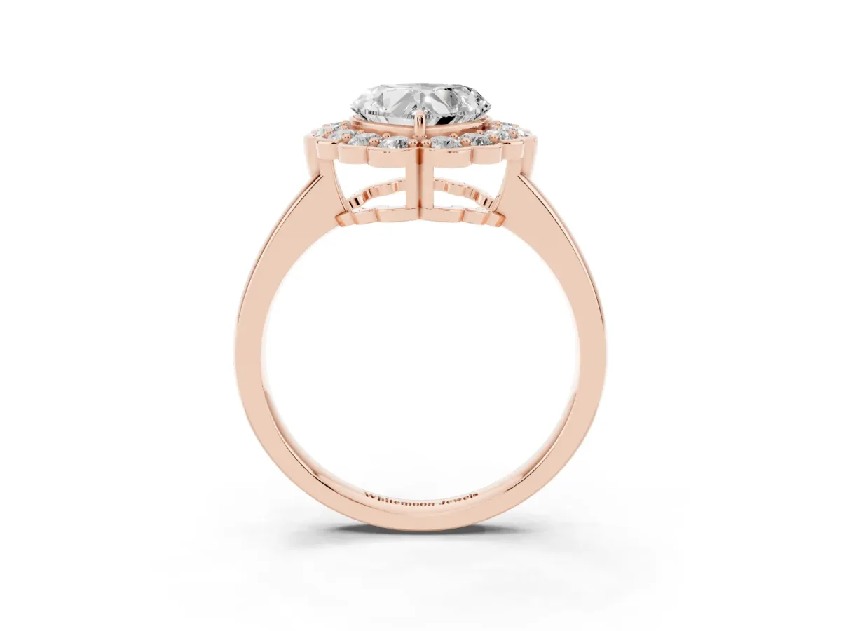 Heart Cut Halo Cluster Diamond Engagement Ring with Solitaire Band and Prong Setting Rose gold