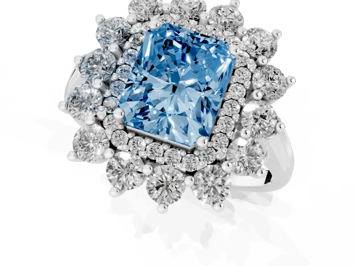 Fancy Blue Radiant Cut Diamond Floral Double Halo Engagement Ring with Prong Setting Platinum