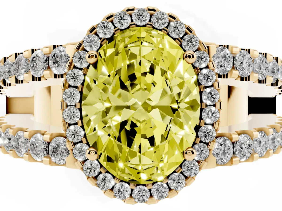 Fancy Yellow Oval Cut Cut Halo Split Shank Diamond Ring with Four-Prong Setting Yellow gold
