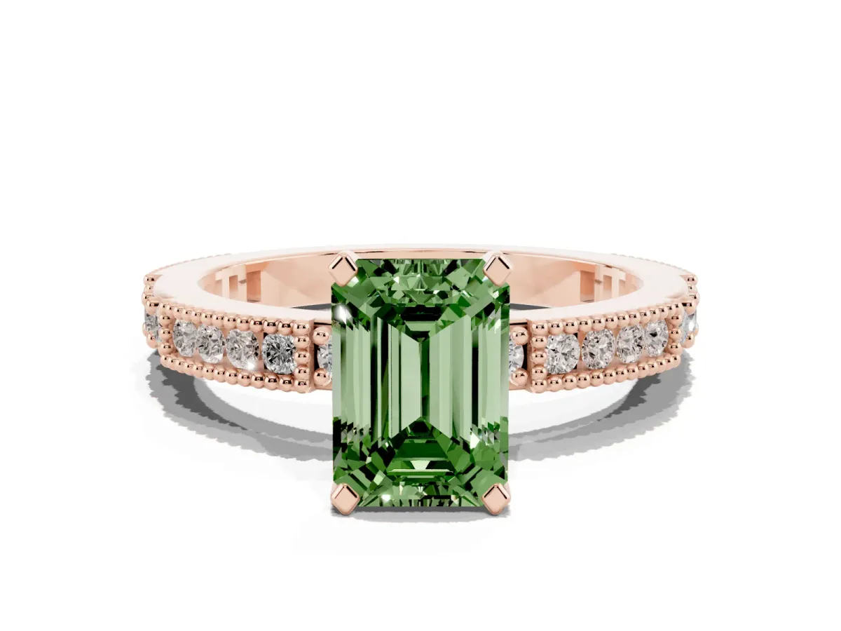 Fancy Green Emerald Cut Solitaire with Pavé Band and Four-Prong Setting Rose gold