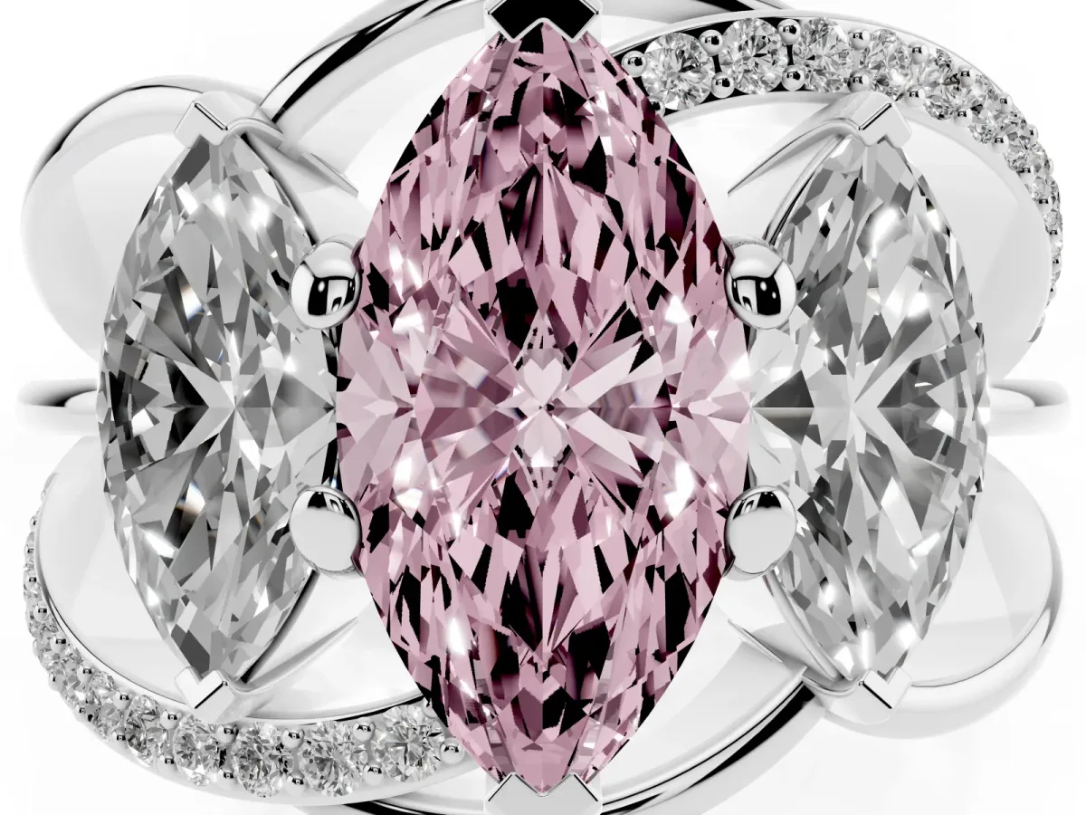 Fancy Pink Three-Stone Marquise Cut Cut Diamond Split Shank Prong Set Ring White gold