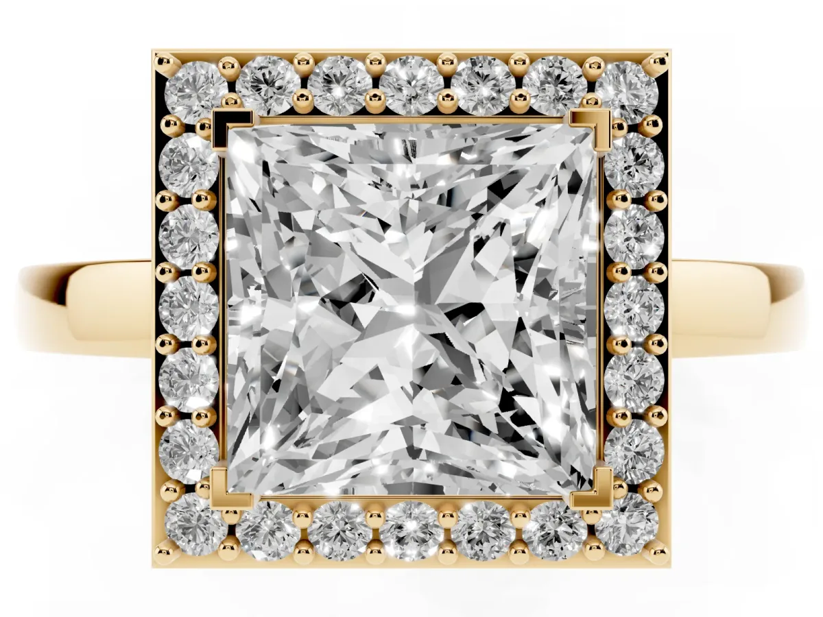 Princess Cut Halo Diamond Ring with Solitaire Band and Prong Setting Yellow gold