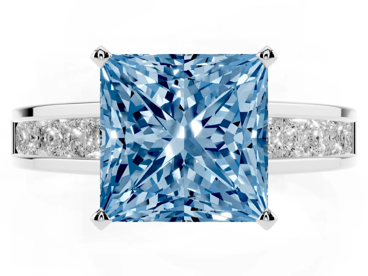 Fancy Blue Princess Cut Solitaire Diamond Ring with Channel-Set Band and Four-Prong Setting Platinum