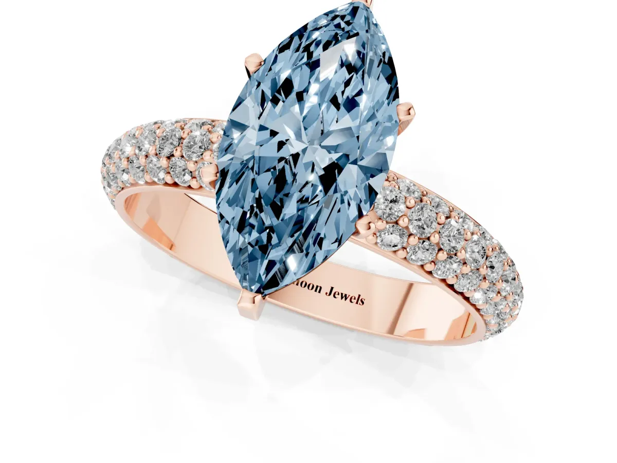 Fancy Blue Marquise Cut Diamond Solitaire Ring with Prong Setting and Pavé Band Rose gold