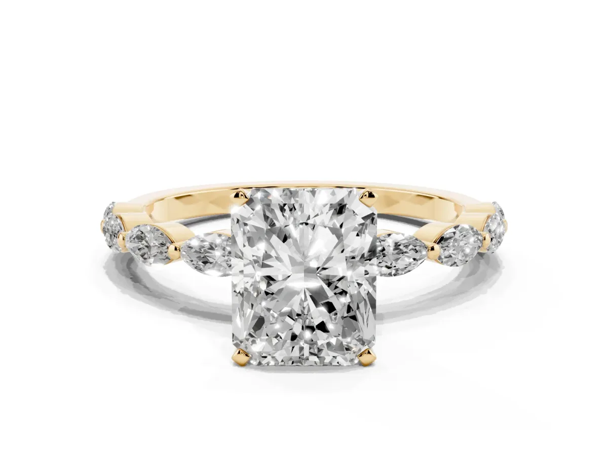 Radiant Cut Diamond Ring with Marquise Side Stones and Prong Setting Yellow gold