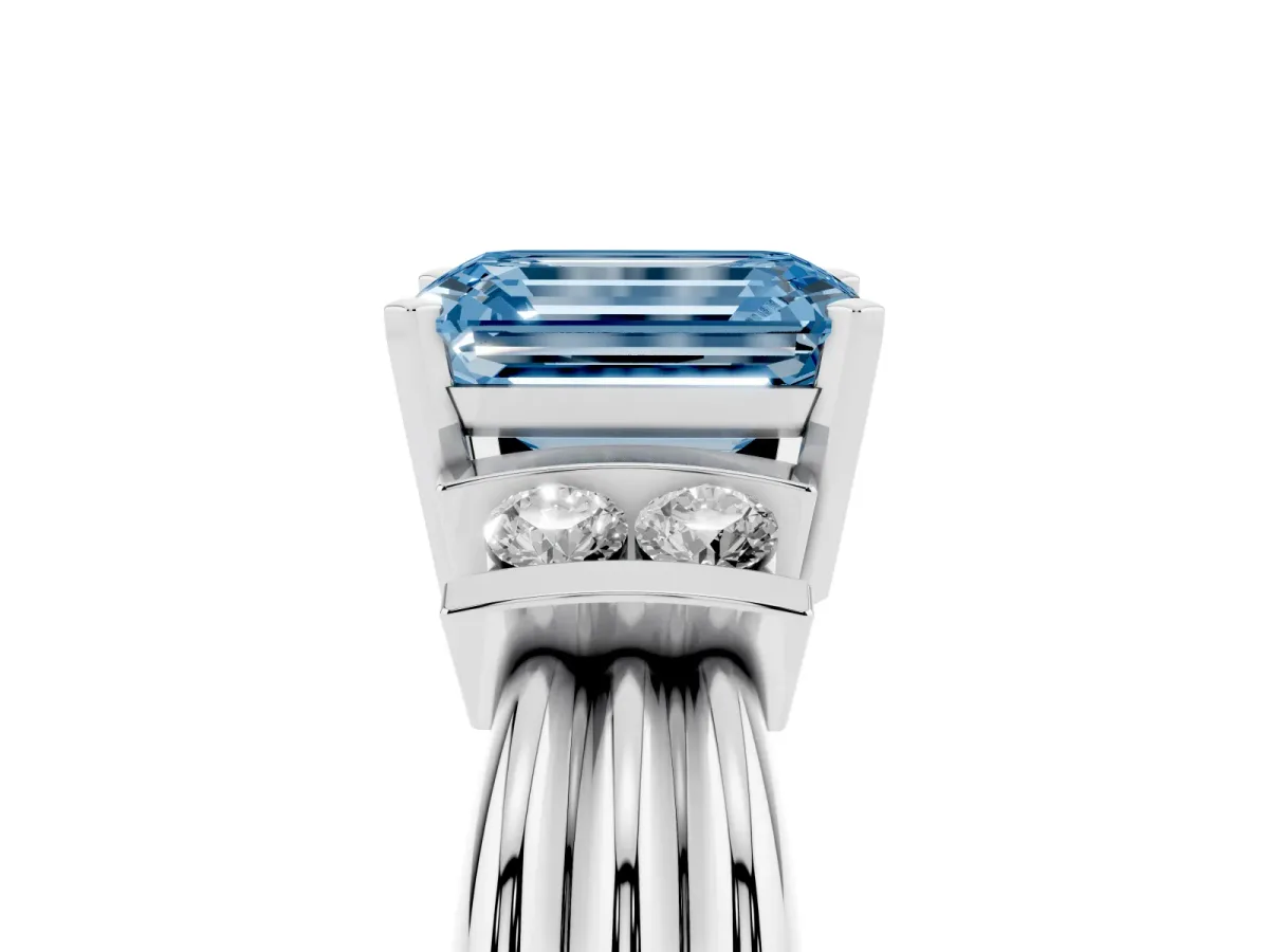 Fancy Blue Emerald Cut Cut Three-Stone Channel Set Ring with Bar Prongs Platinum