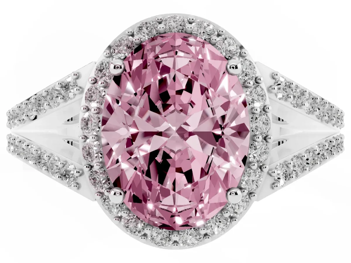 Fancy Pink Oval Cut Halo Split Shank Diamond Ring with Prong Setting Silver