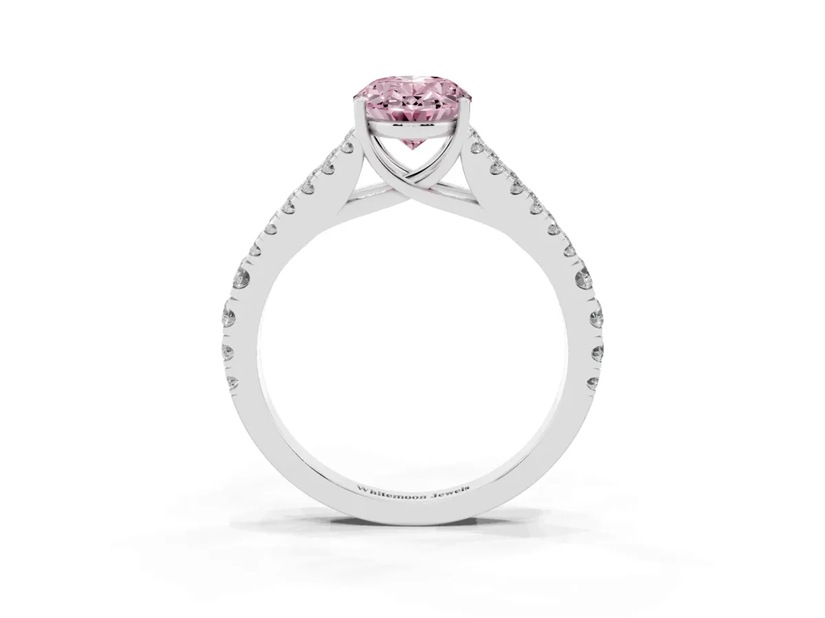 Fancy Pink Oval Cut Diamond Split Shank Pavé Engagement Ring with Four-Prong Setting White gold