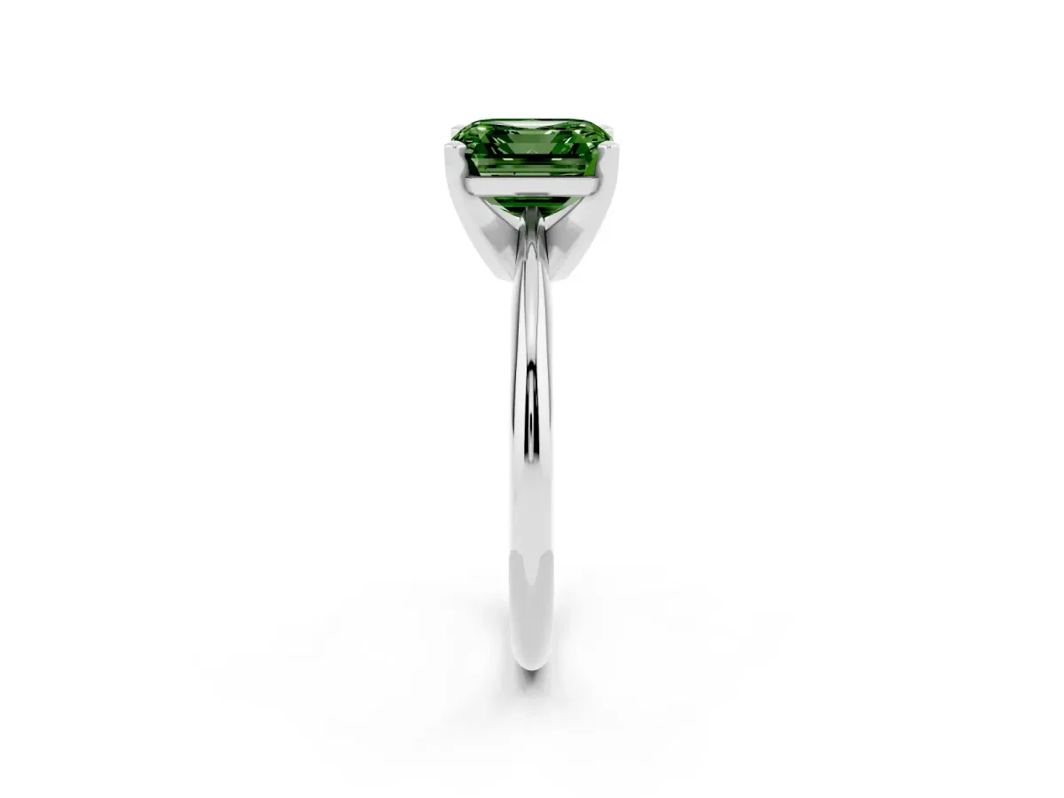 Fancy Green Asscher Cut Cut Solitaire Ring with Four-Prong Setting on a Classic Band Silver